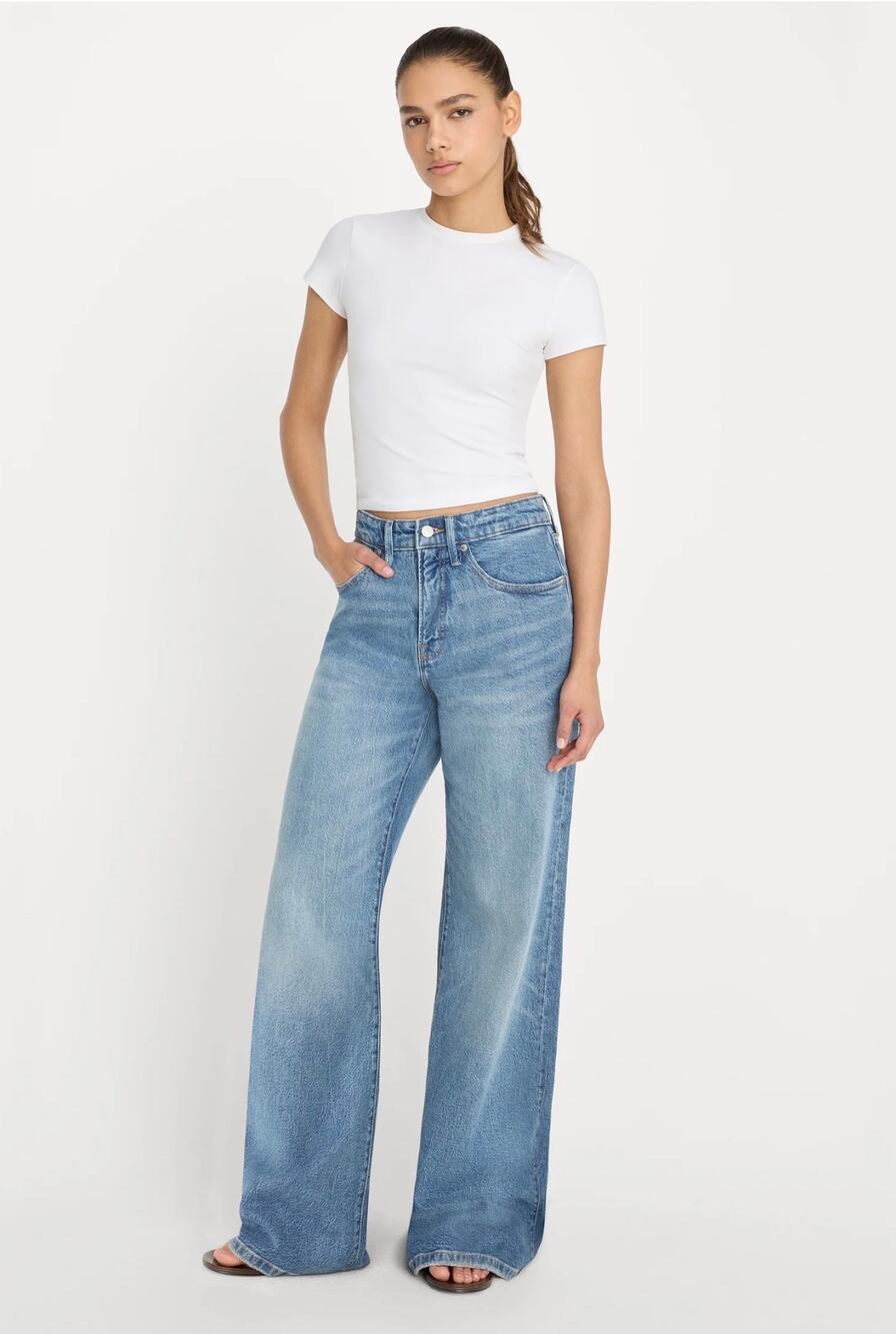 Good American Good Ease Relaxed Jeans Women’s 12/31 Blue Mid Rise Wide Leg 34”
